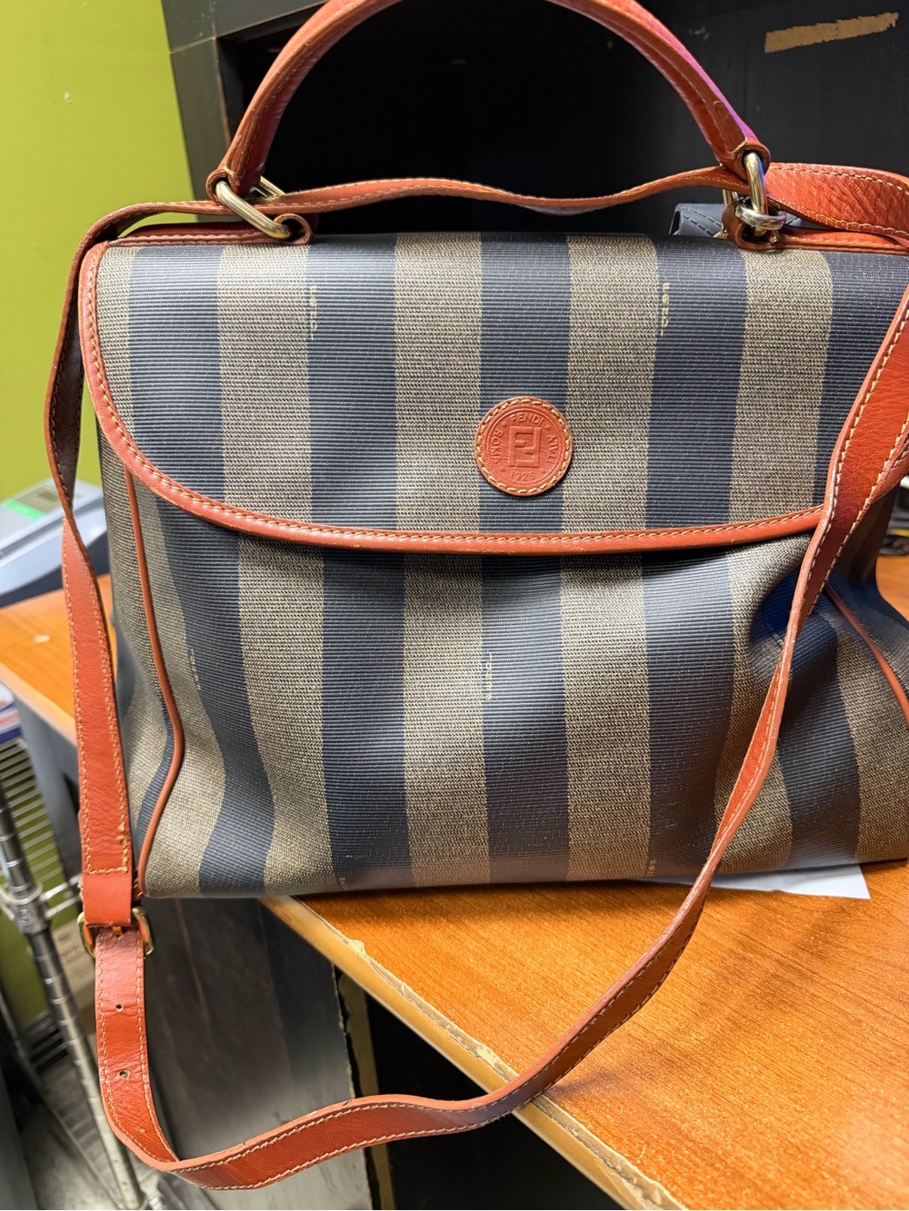 Fendi Black and Brown Striped Leather-Trim Top-Handle Satchel